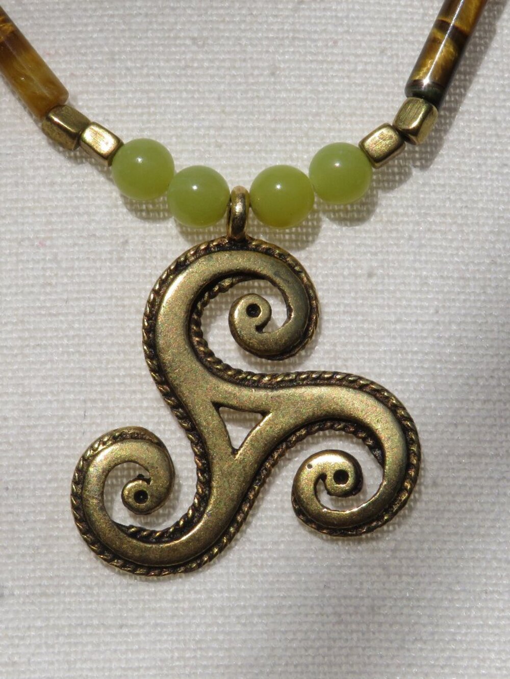 Celtic Triskelion Pendant Beaded Necklace – Green Stone & Tiger‑Eye Style Beads,